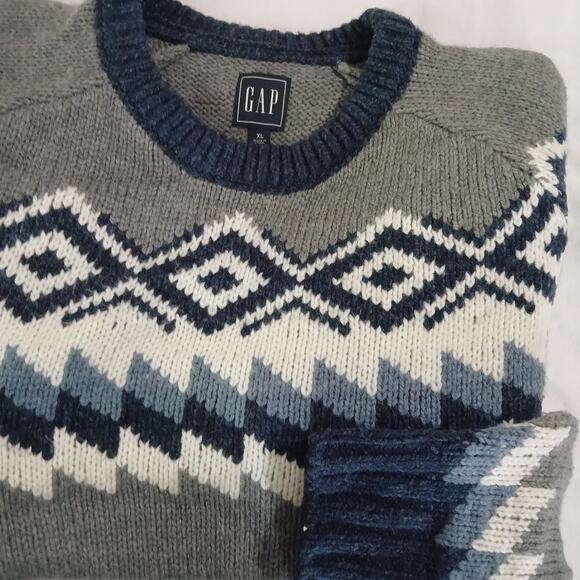 GAP Men's XL Fairisle Crew Heather Grey Acrylic/Wool Grey/Blue/White Sweater - Picture 1 of 10